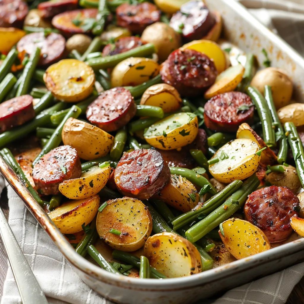 A sheet pan loaded with green beans, sausage, and golden potatoes.