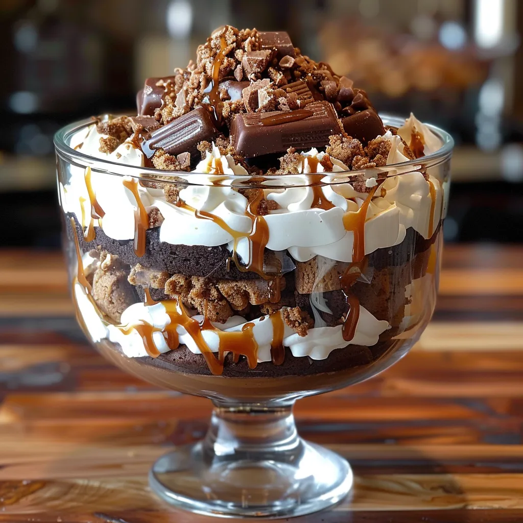 A clear bowl with chocolate, caramel, and cream layers.