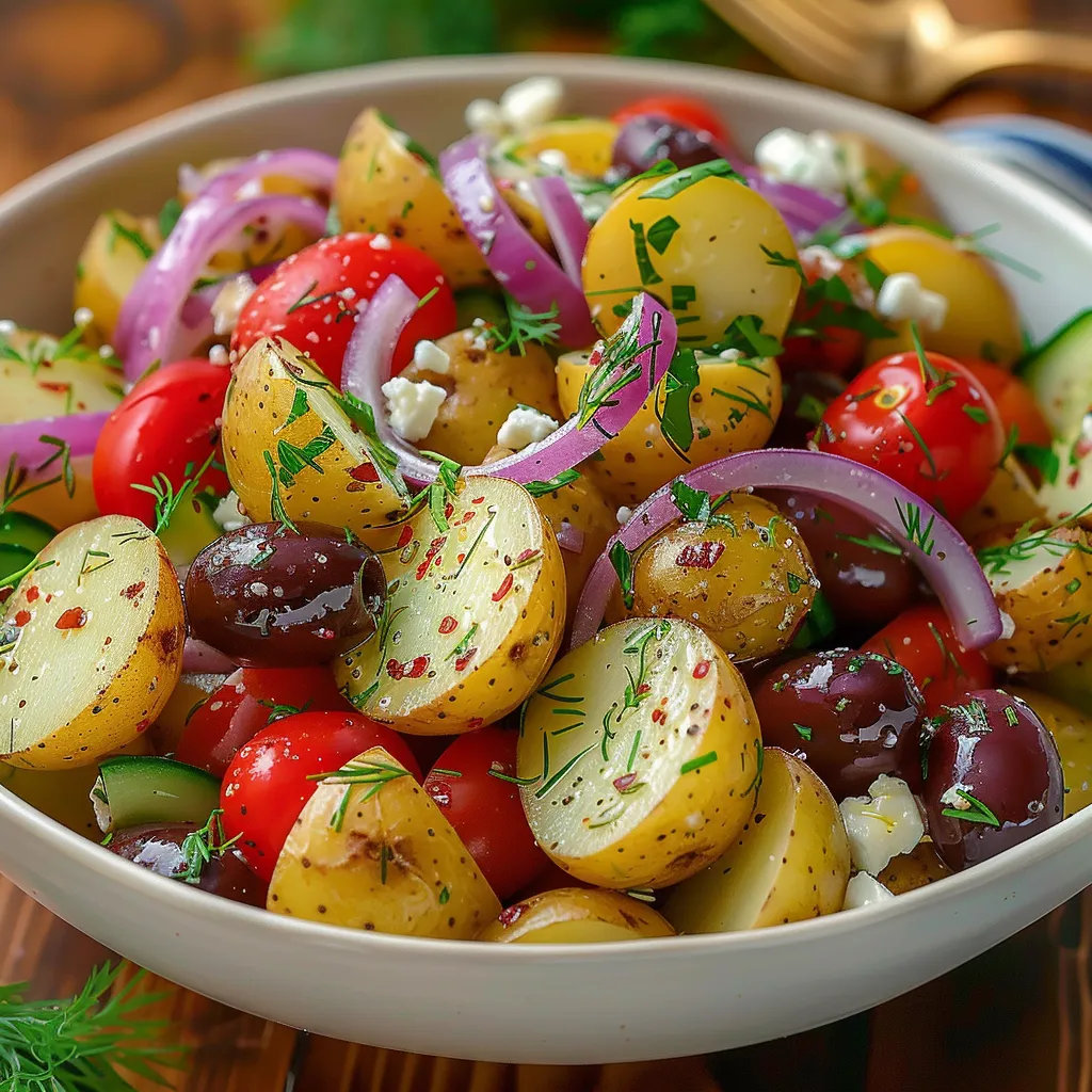 Bowl filled with potatoes, olives, tomatoes, and red onions.