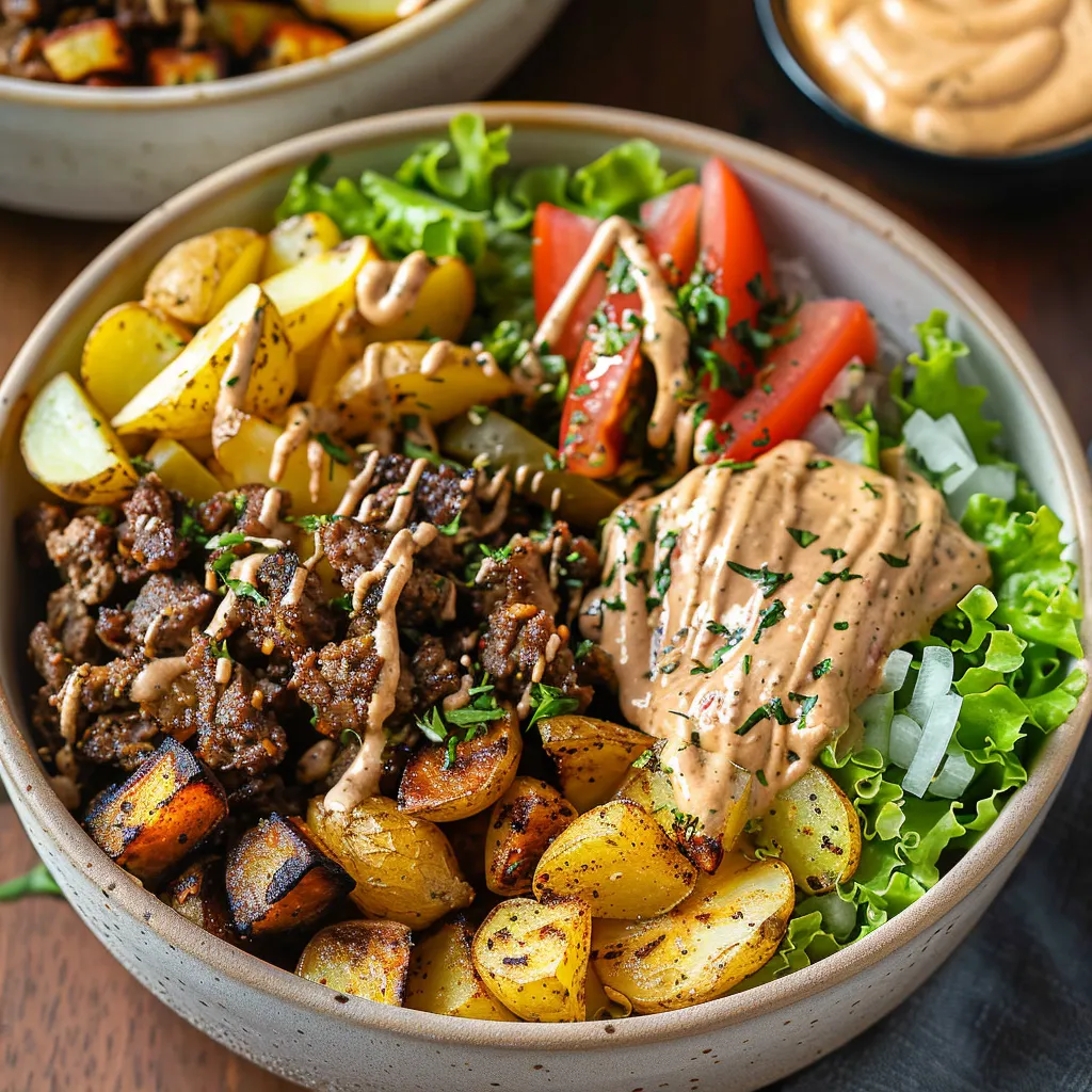 A delicious bowl with lettuce, meat, and toppings.