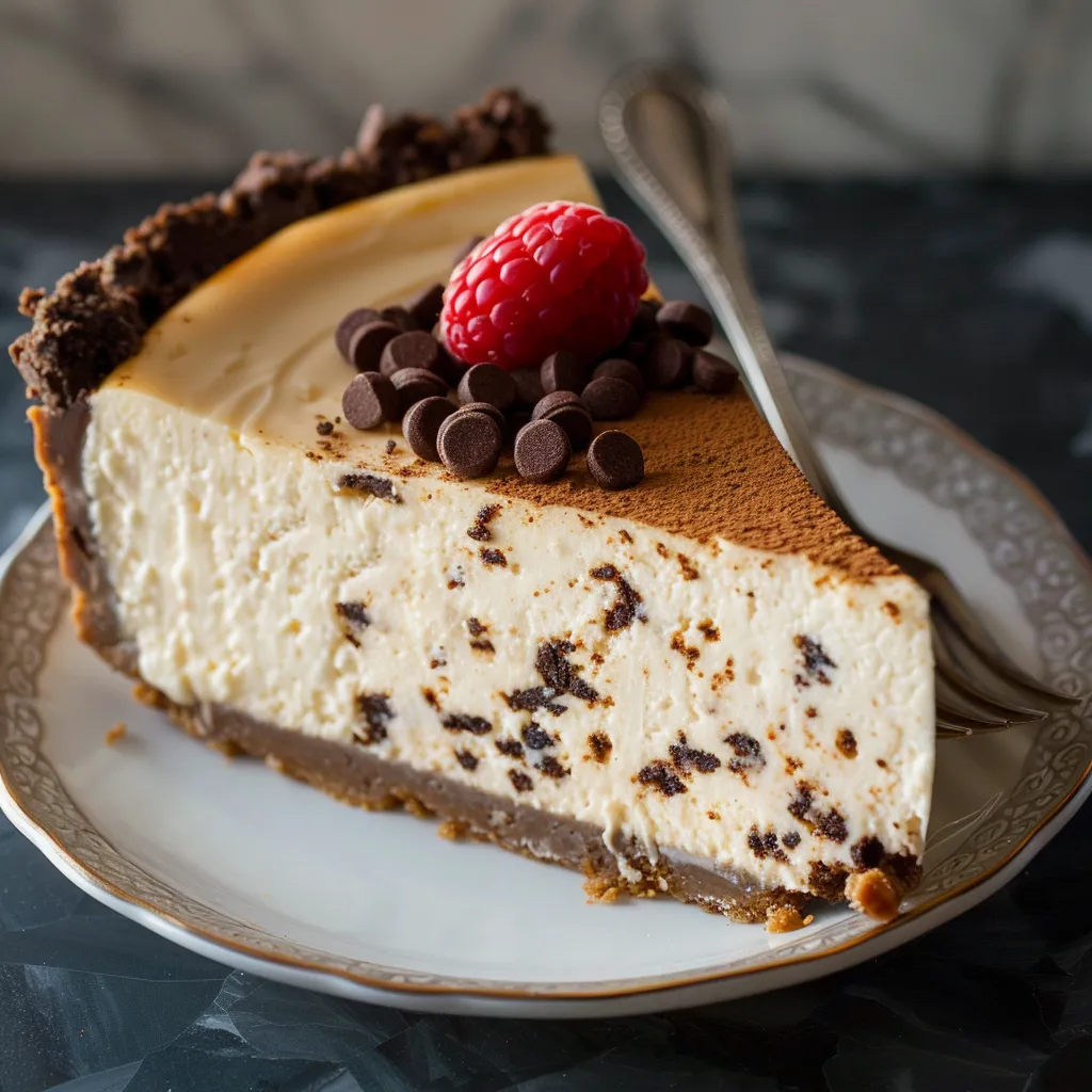 A slice of creamy cheesecake topped with a raspberry and chocolate chips.