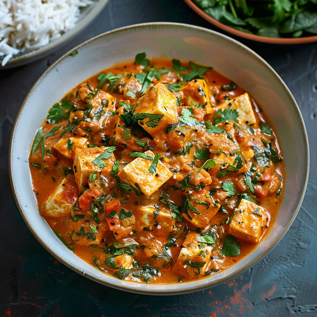 A bowl of creamy curry topped with herbs and served with bread.
