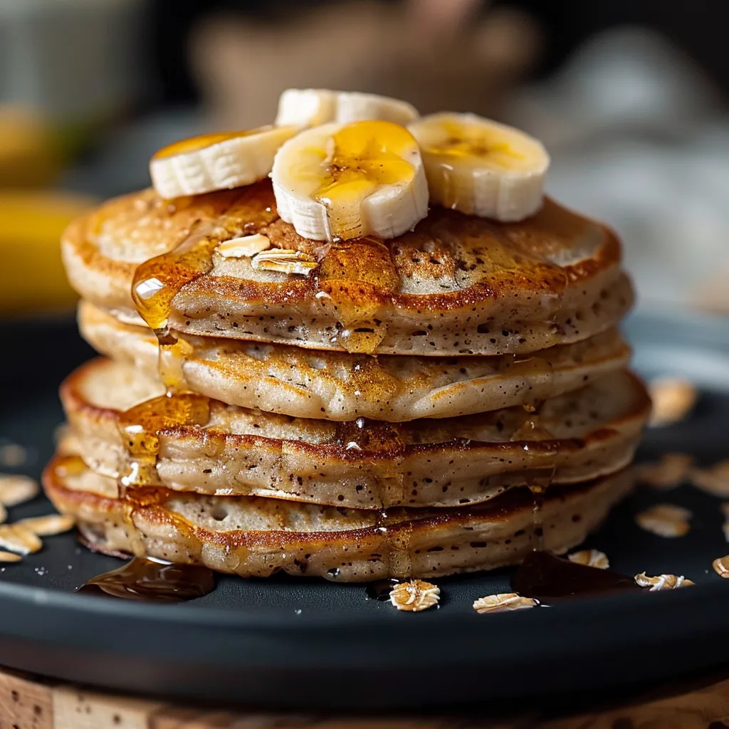 A tall pile of pancakes topped with bananas.