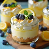 A creamy dessert topped with a blueberry, placed on a wooden surface.