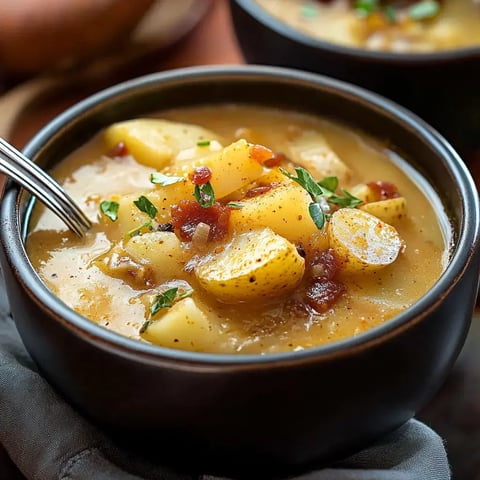 A black bowl full of thick potato soup topped with fresh herbs and crispy bacon close-up.