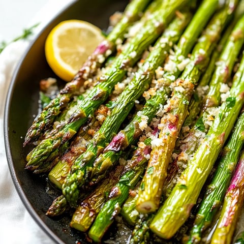 Golden roasted asparagus, perfectly seasoned and arranged on a plate, ready to enjoy.
