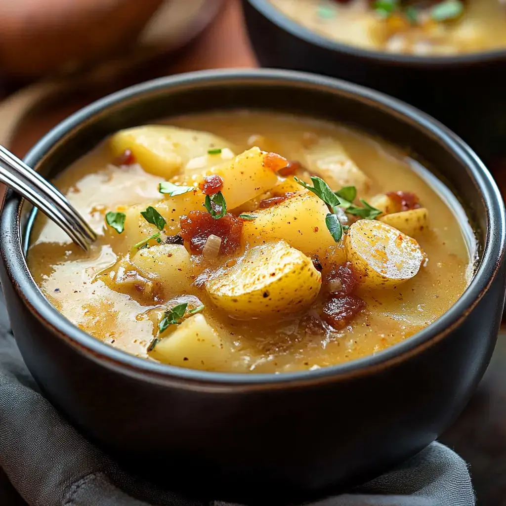Close view of a thick potato soup in a black bowl, topped with fresh herbs and crispy bacon chunks.