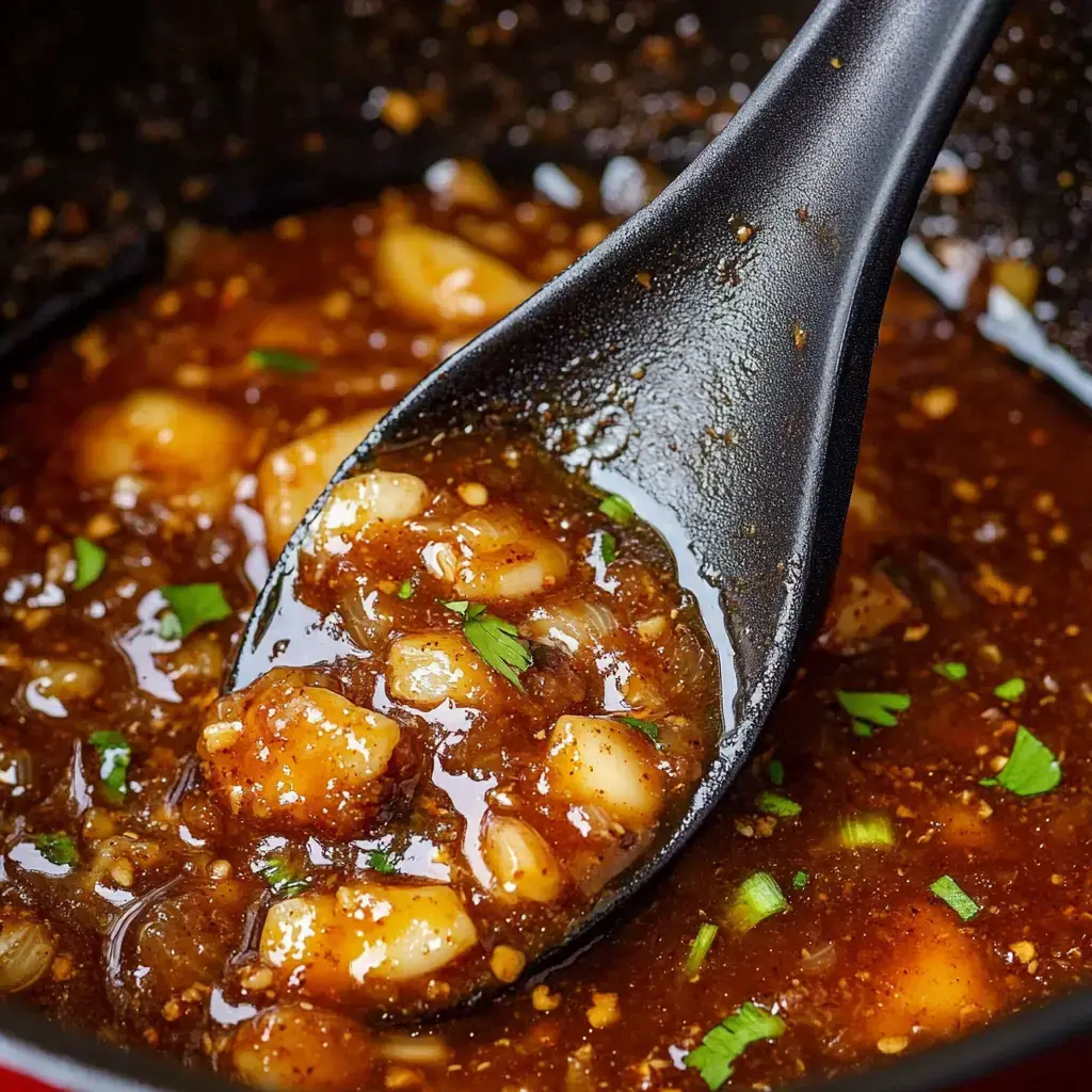 Close shot of a black spoon carrying a thick, glossy sauce with meat bits, topped with green garnish.