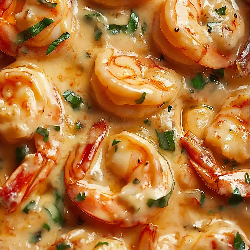 Close view of shrimp in a rich, creamy sauce with parsley garnish.