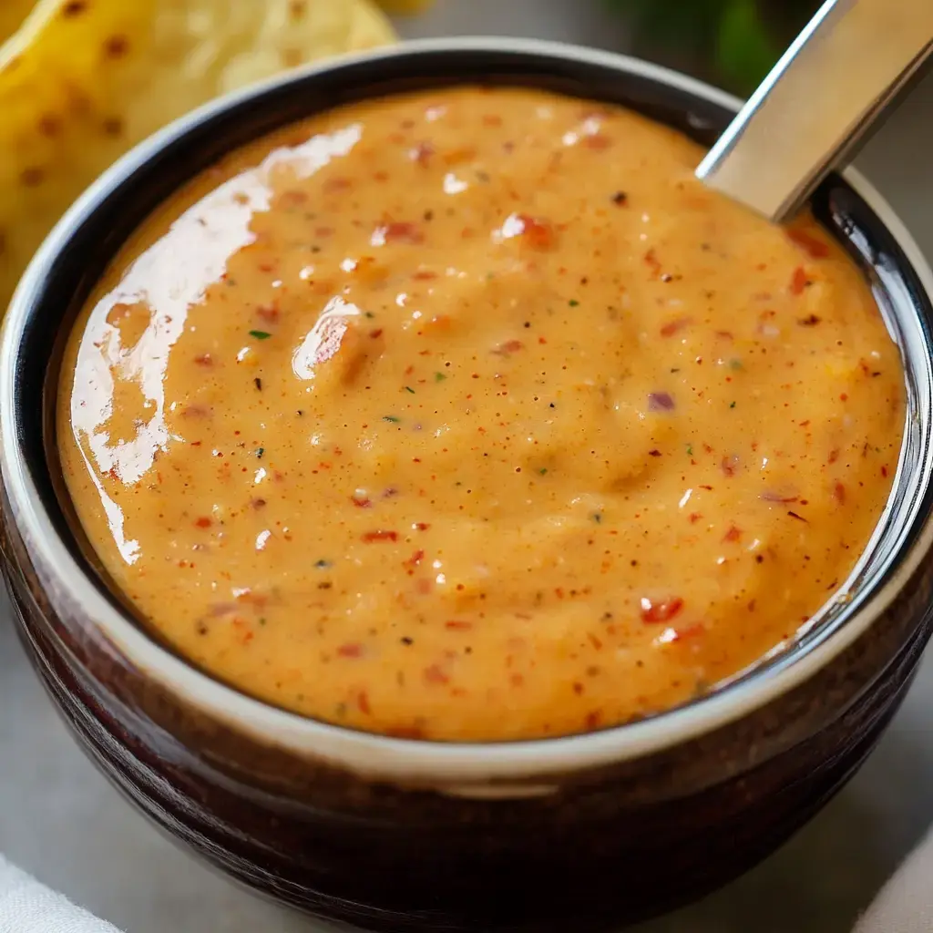 A creamy orange dipping sauce with spicy flecks next to tortilla chips.