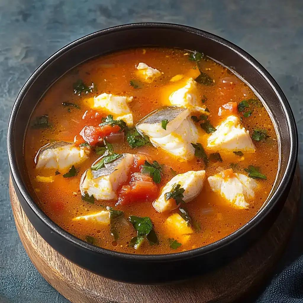 A bowl filled with savory fish soup. It has chunks of fish, tomatoes, and fresh herbs in a rich broth.