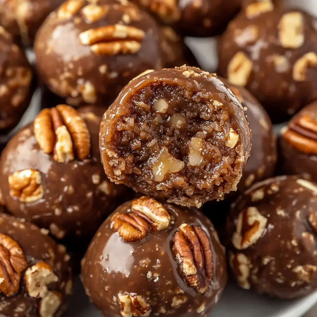 A detailed image of chocolate-covered snack balls with pecans on top, one split open to show the filling inside.