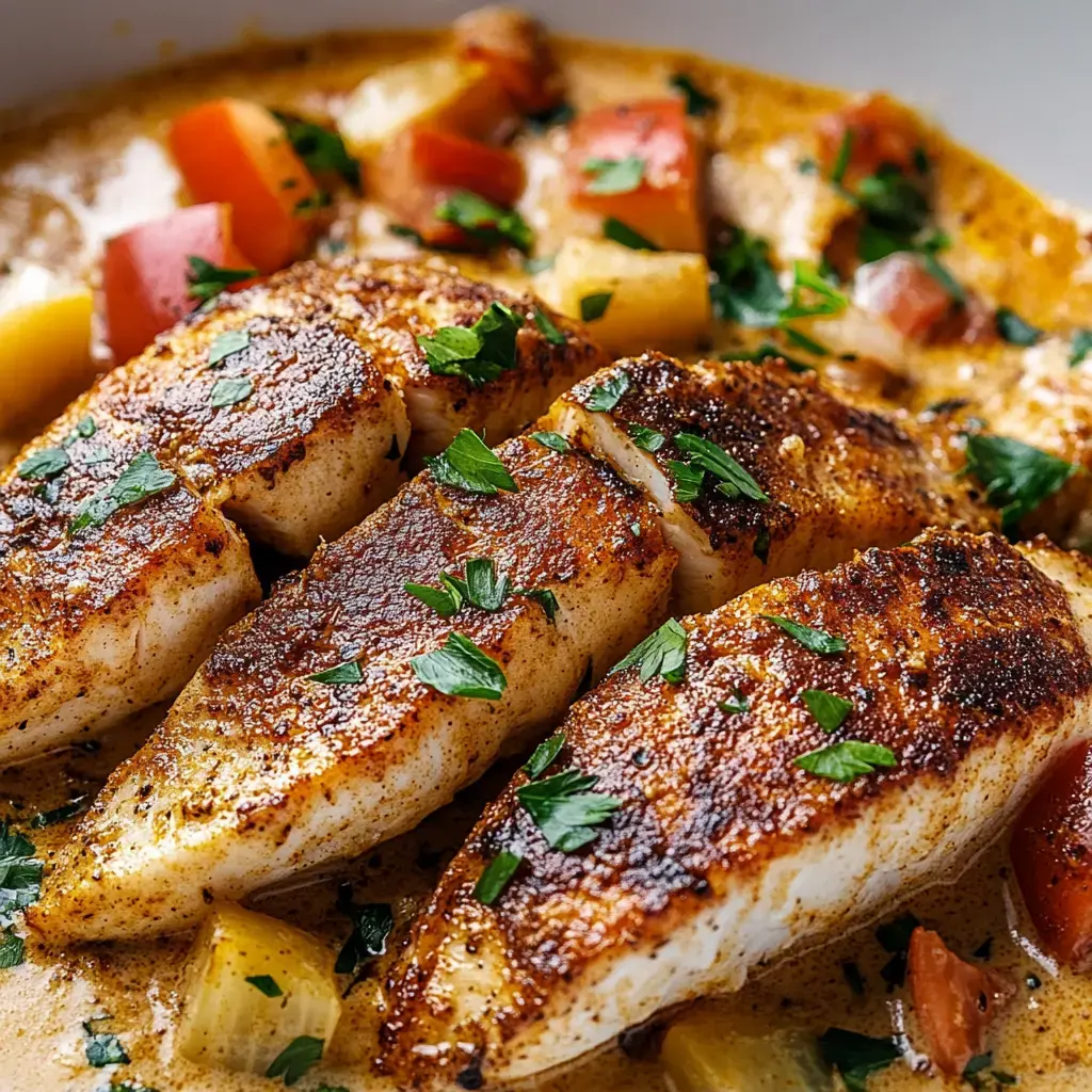 Close-up of seasoned fish fillets in a creamy sauce with herbs and vegetables.