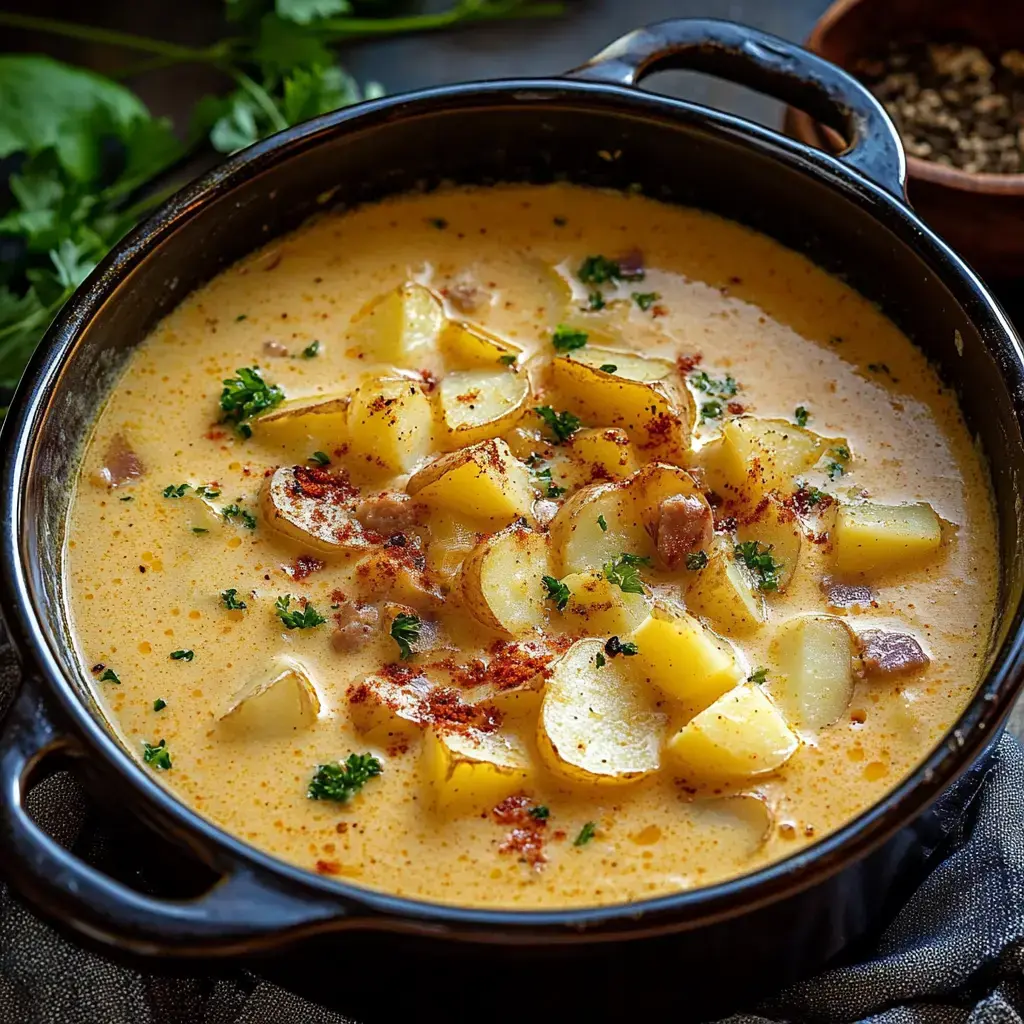 A creamy soup with diced potatoes and herbs, presented in a black pot.