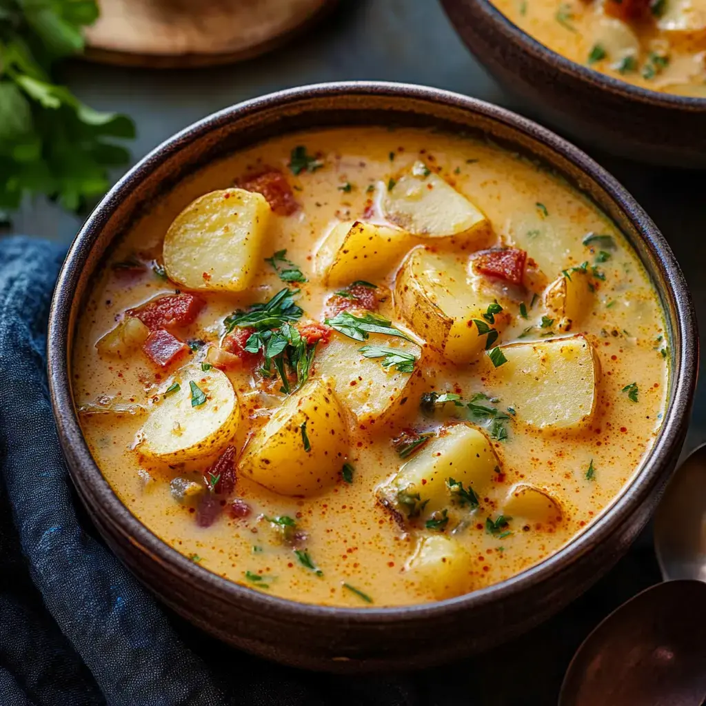 A bowl of creamy potato soup garnished with herbs and pieces of bacon, set against a dark background.
