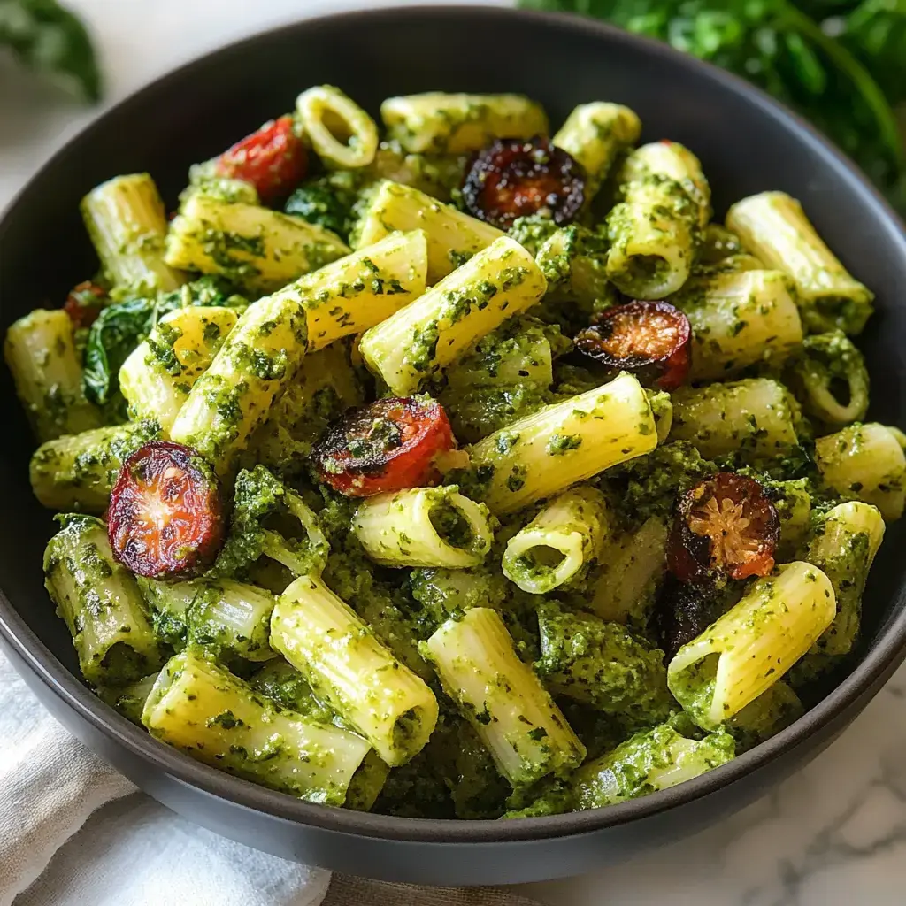 A bowl of rigatoni pasta mixed with bright green pesto sauce, topped with roasted cherry tomatoes.