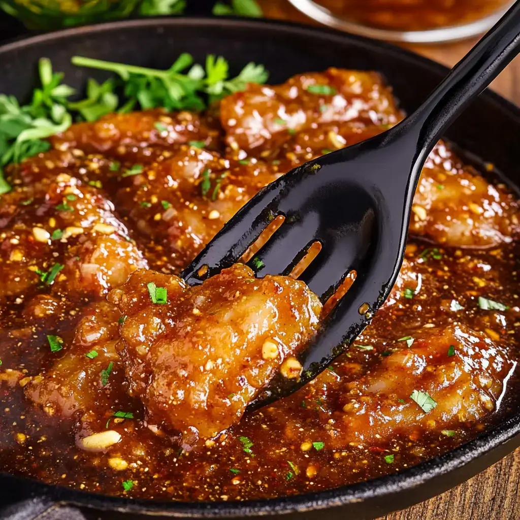 A black fork is lifting a piece of glazed chicken from a skillet filled with sauce and garnished with green herbs.