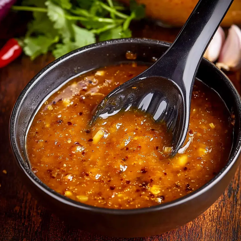 A close-up of a black bowl filled with a savory sauce, with a black spoon stirring it, surrounded by fresh herbs and garlic.