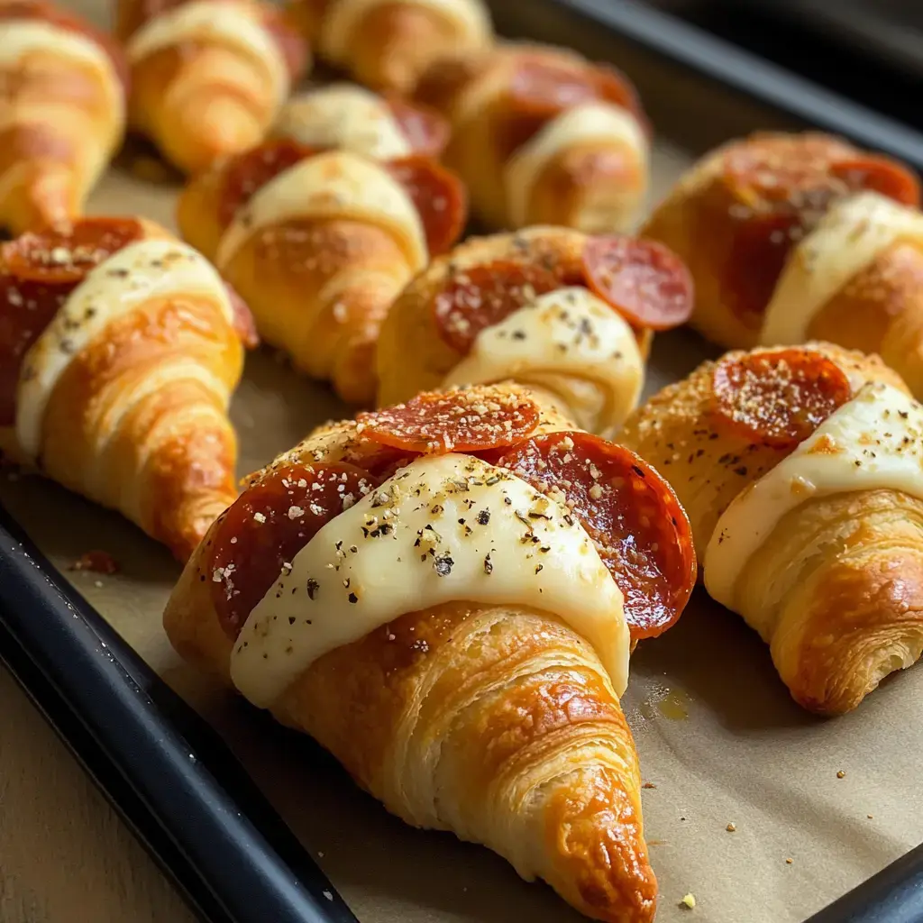 A tray of freshly baked croissants topped with melted cheese, pepperoni slices, and herbs.