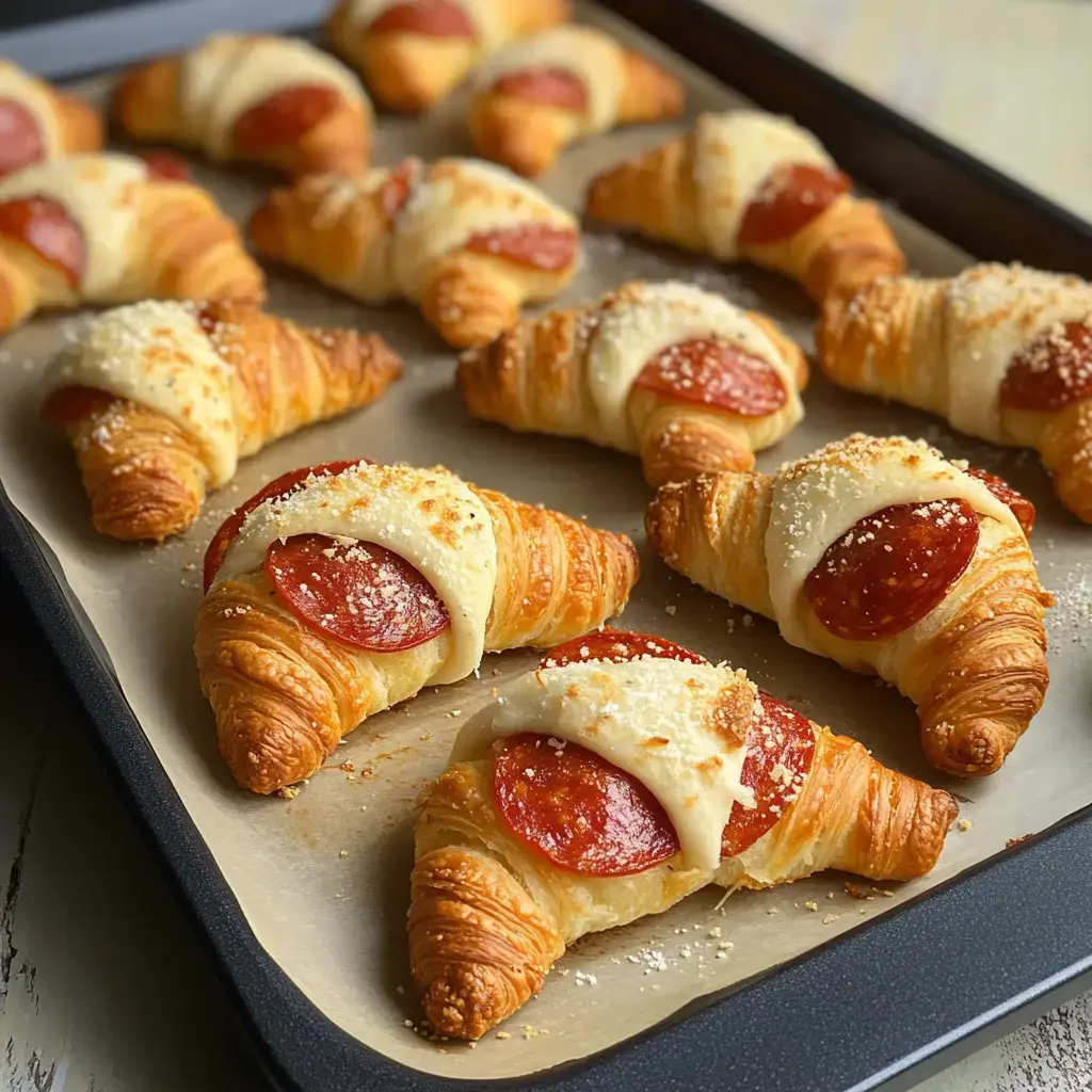 A tray of freshly baked croissants filled with pepperoni and topped with cheese.