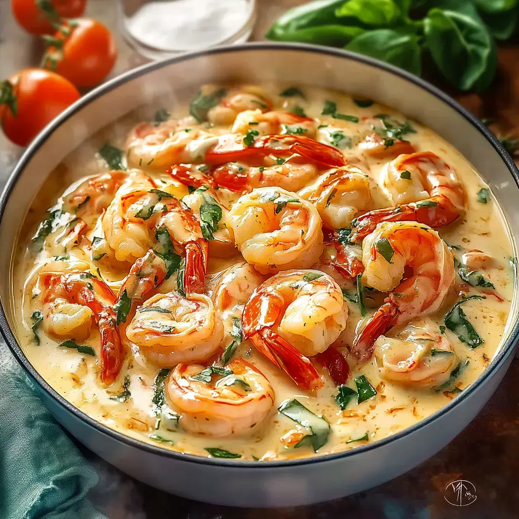 A creamy dish featuring shrimp garnished with herbs, served in a bowl with fresh tomatoes in the background.