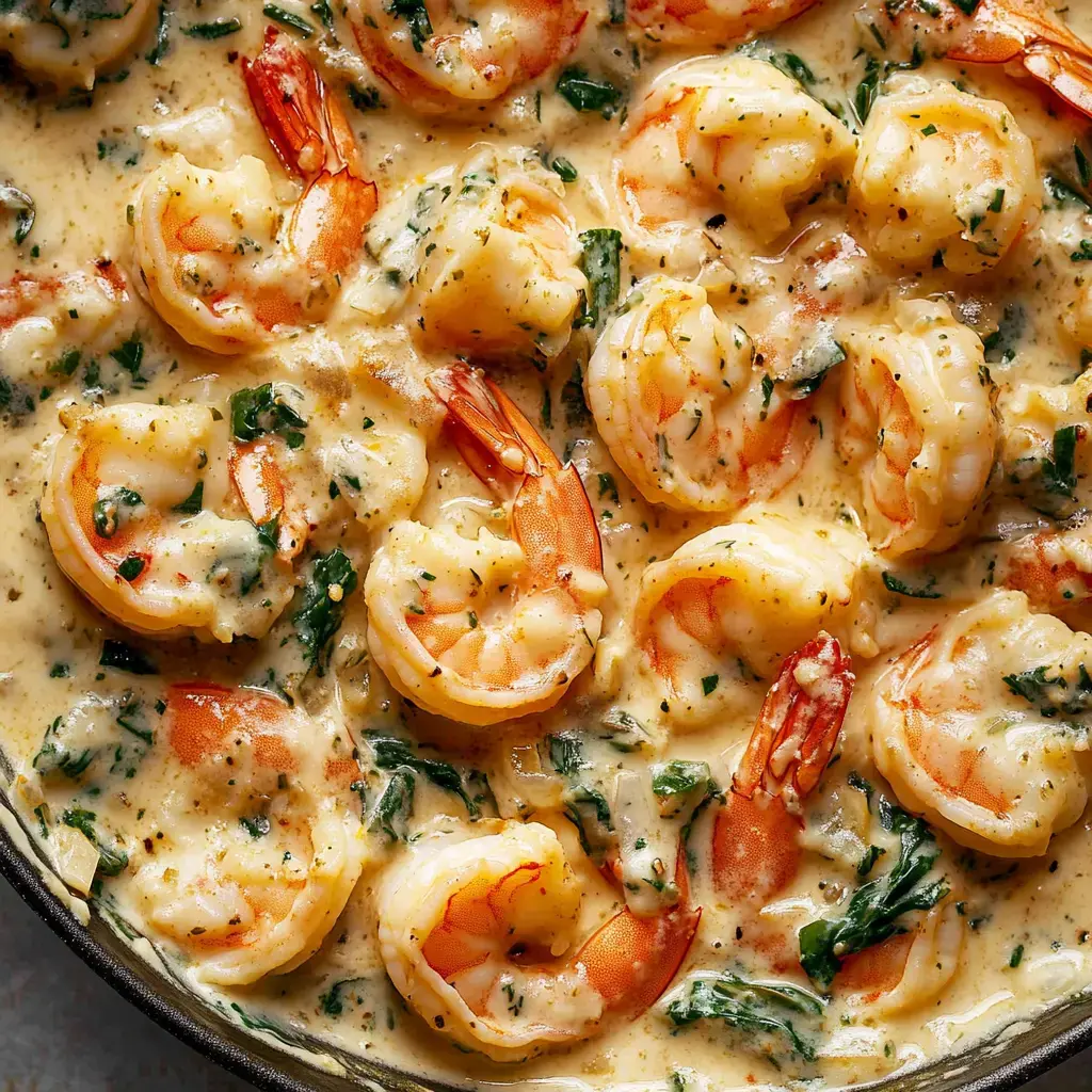 A creamy dish featuring shrimp and greens cooked in a rich sauce.