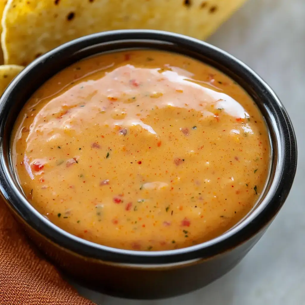 A bowl of thick orange-tinted sauce showing specks of herbs and seasonings, next to a partly visible tortilla.
