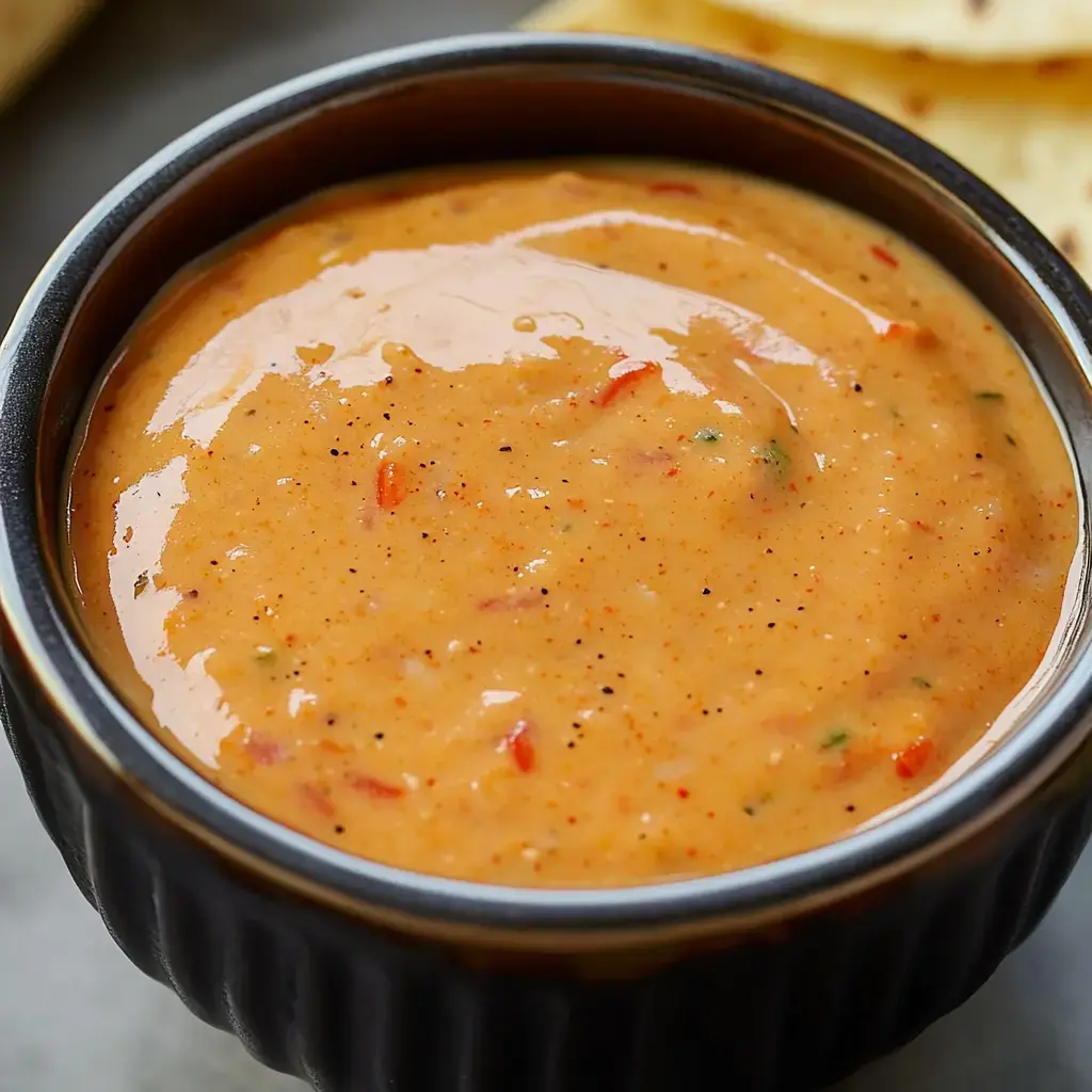 A dark bowl containing orange-tinted creamy sauce with tiny flecks of seasonings resting on a gray surface.