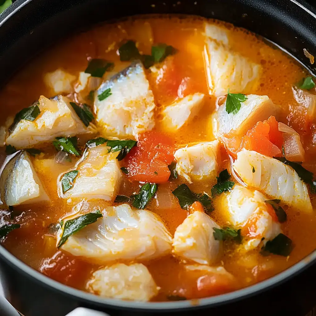 A hearty fish stew with chunks of white fish, tomatoes, and fresh herbs simmering in a flavorful broth.