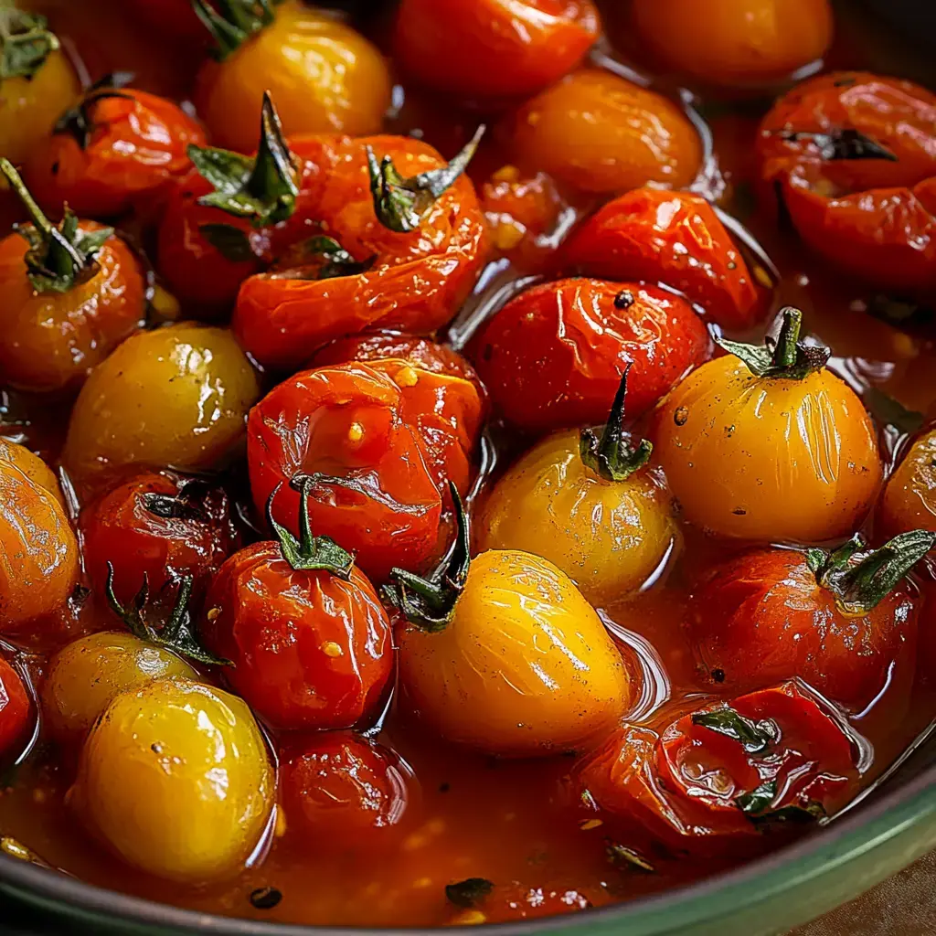 A close-up view of a bowl filled with various ripe cherry tomatoes in a flavorful sauce.