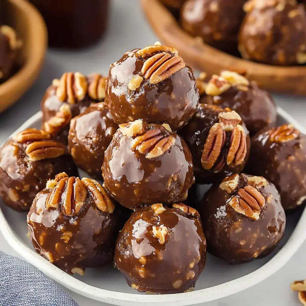 A close-up of chocolate-covered nut balls topped with pecans, arranged in a white bowl.