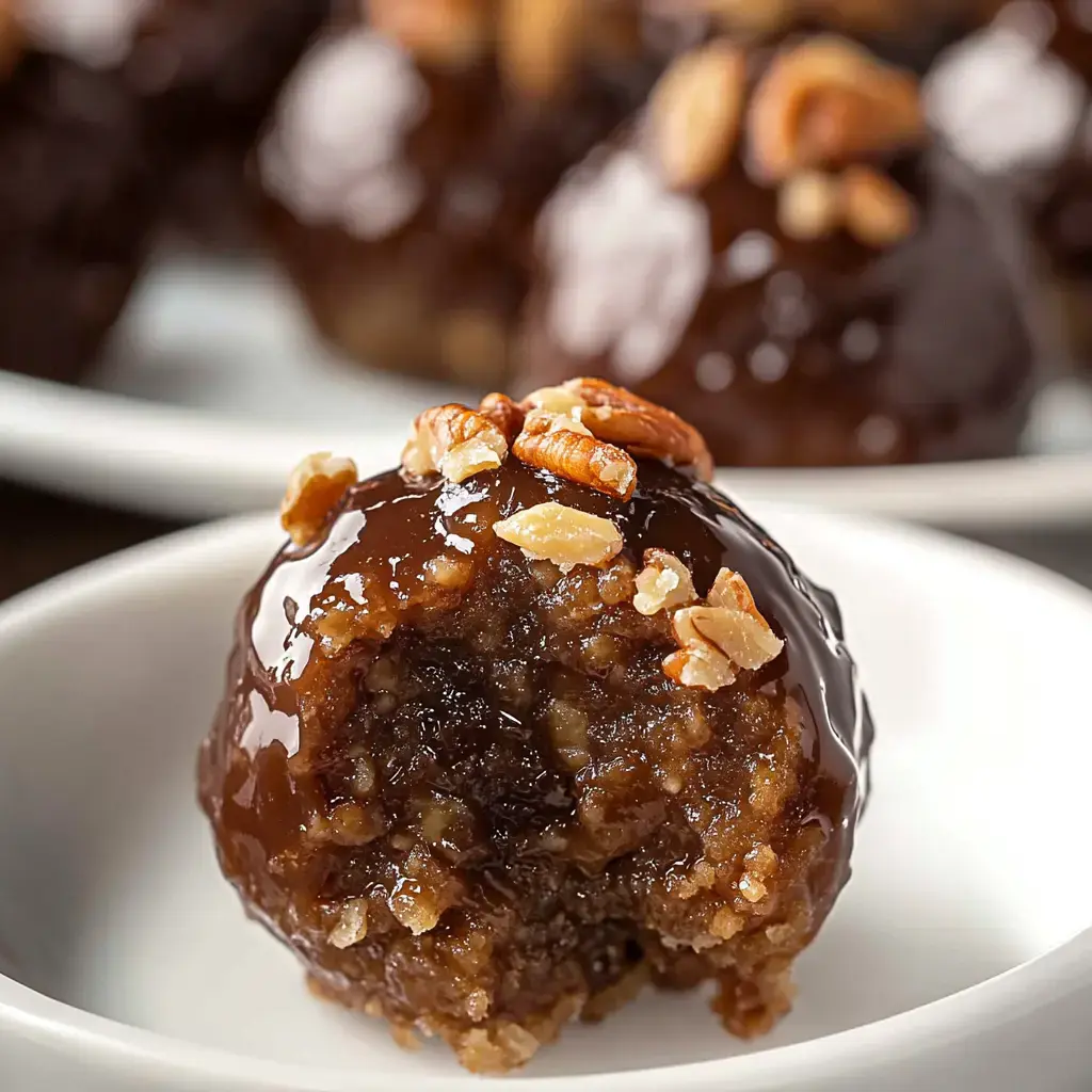 A close-up of a chocolate-covered dessert ball with a bite taken out, topped with chopped nuts, on a small white plate.