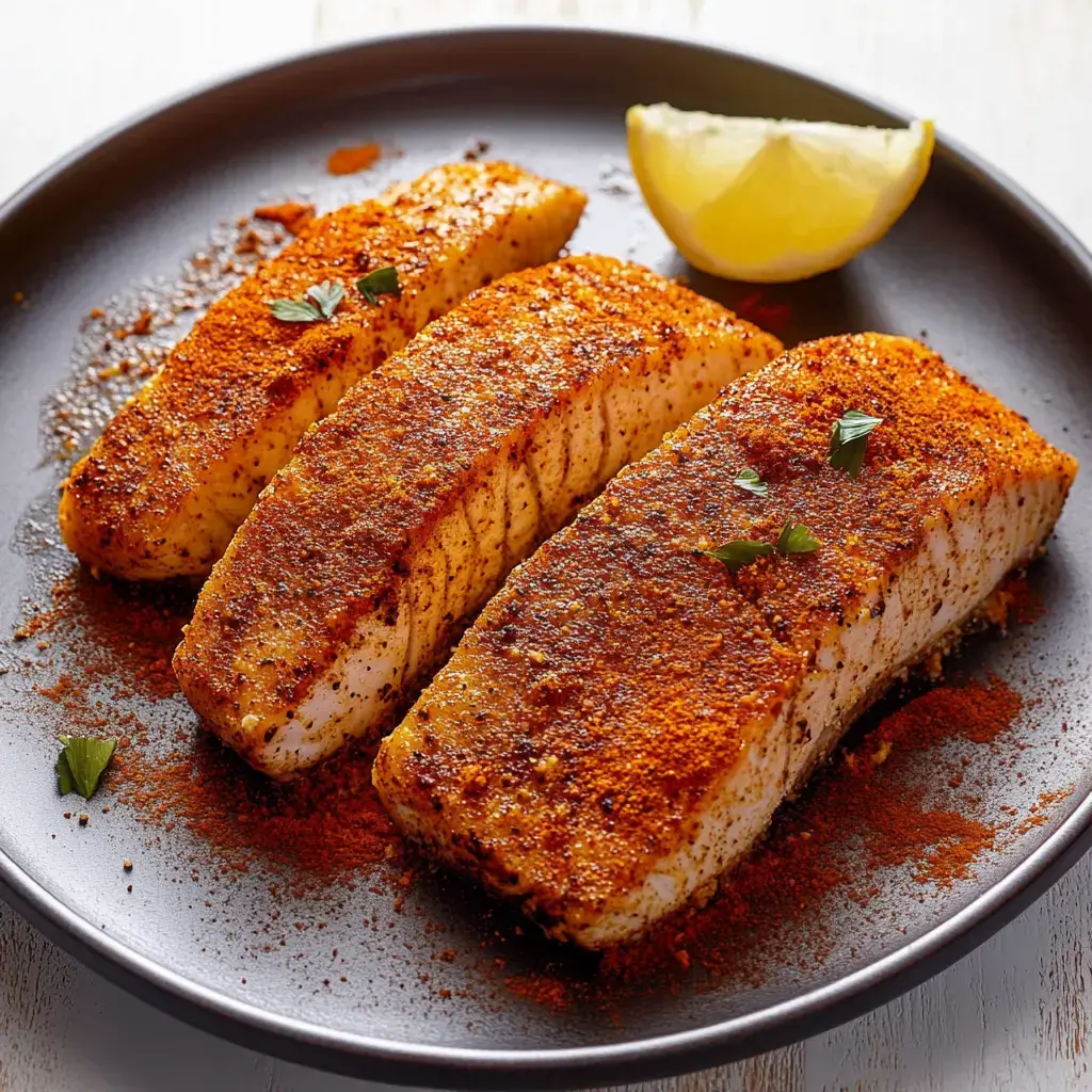 Three seasoned fish fillets are arranged on a black plate, garnished with herbs and accompanied by a lemon wedge.