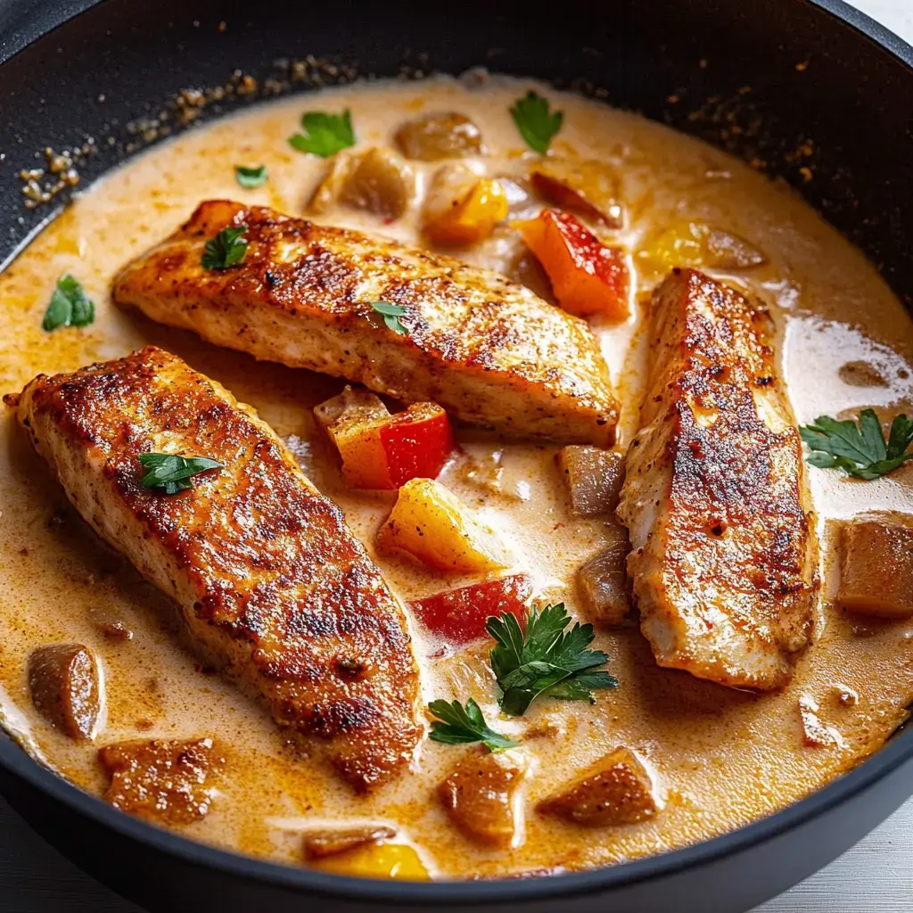 A skillet containing three pieces of seasoned fish in a creamy sauce with mixed vegetables and herbs.