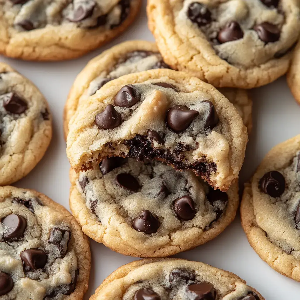 A close-up of homemade chocolate chip cookies, with one cookie partially bitten, revealing its soft, gooey center.