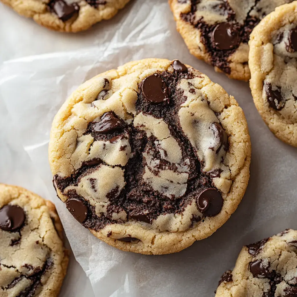 A close-up view of freshly baked chocolate chip cookies with swirls of chocolate dough.