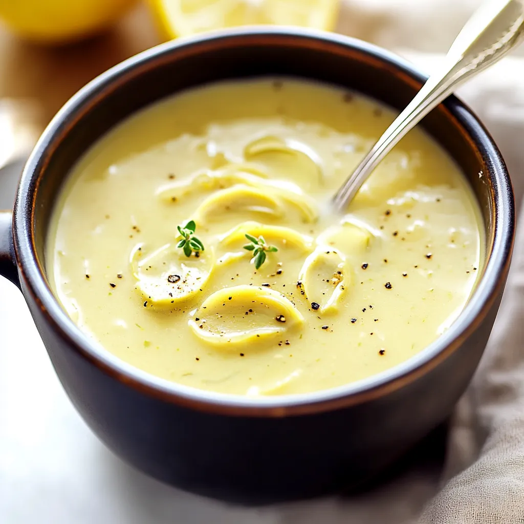 Velvety lemon artichoke soup topped with fresh herbs, delivering a zesty and soothing flavor with each taste.
