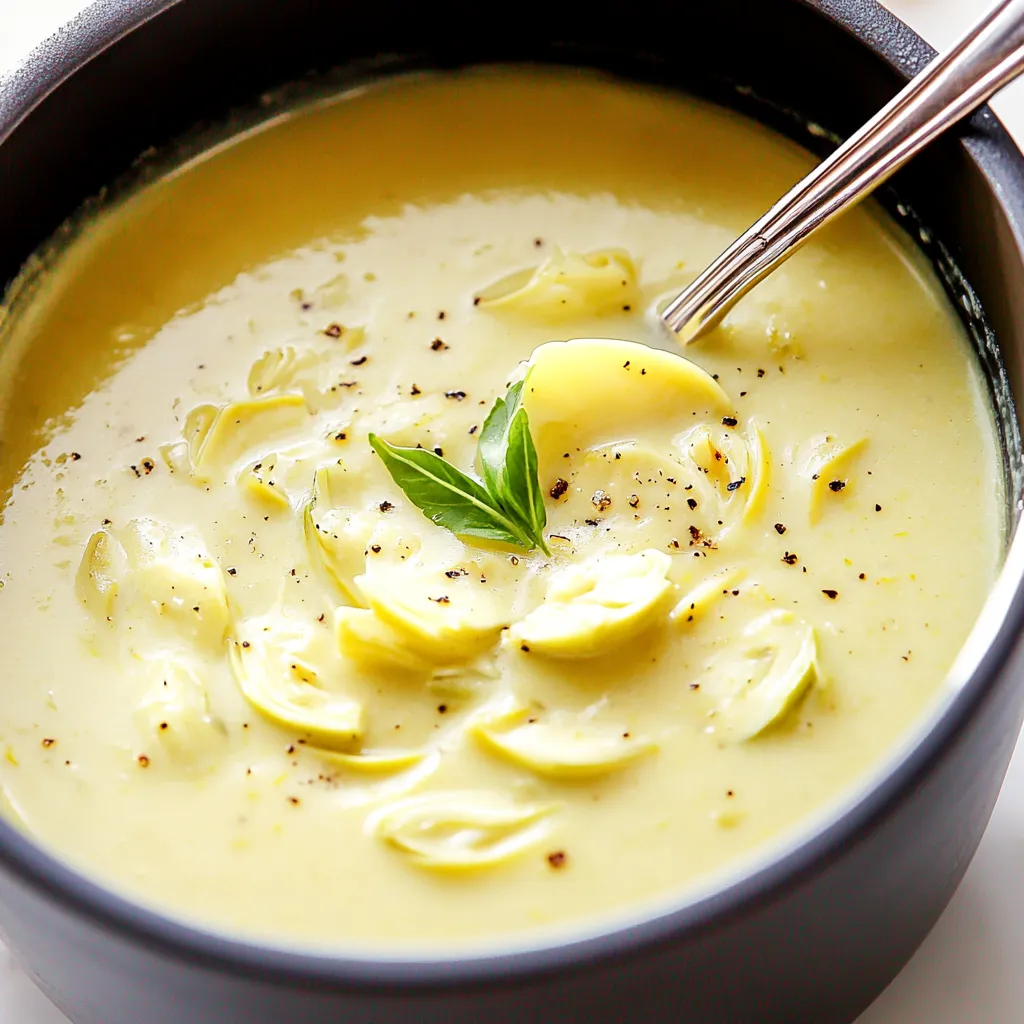 Velvety lemon artichoke soup topped with fresh herbs, delivering a zesty and soothing flavor with each taste.