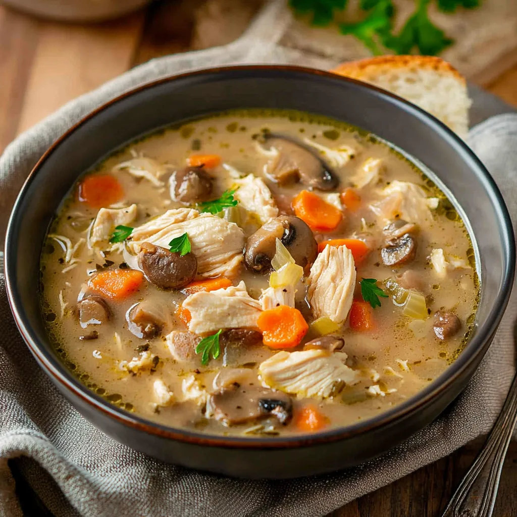 Comforting bowl of soup with tender chicken, fresh veggies, and a seasoned creamy broth