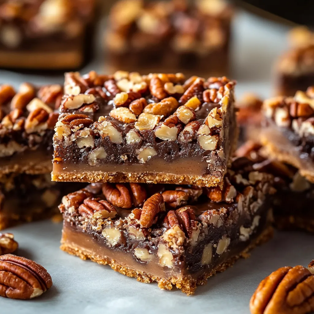 Layered pecan turtle bars with caramel, chocolate, and a crunchy finish