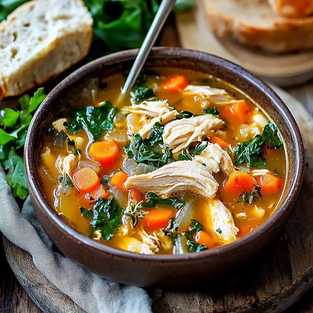 Creamy Tuscan chicken soup with pasta and vegetables in flavorful broth