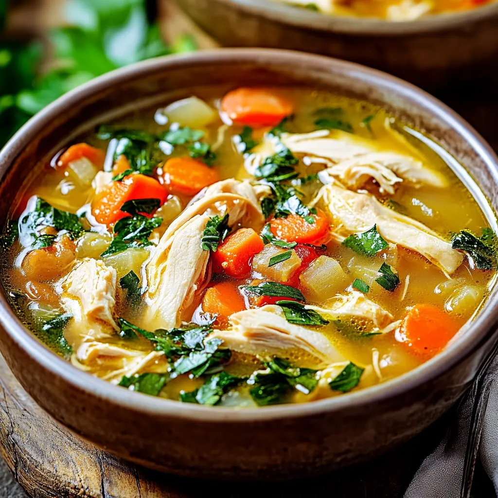 Hearty Tuscan chicken soup featuring succulent chicken chunks, nutritious vegetables, and a rich, herb-seasoned broth