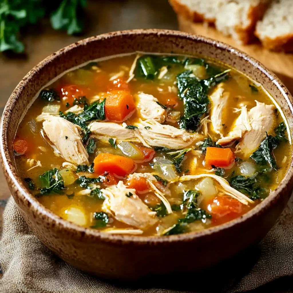 Hearty Tuscan chicken soup featuring succulent chicken chunks, nutritious vegetables, and a rich, herb-seasoned broth