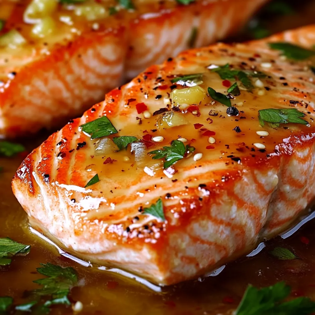 Golden honey garlic salmon with a shiny glaze, perfect for any mealtime.