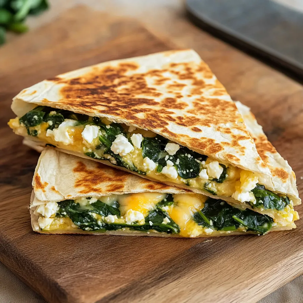 Golden breakfast quesadilla bursting with spinach, feta, and melty cheese.