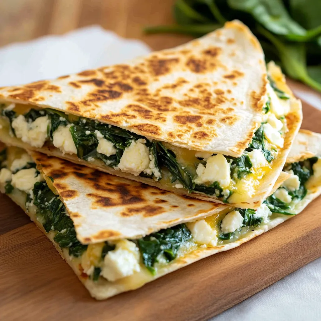 Tasty spinach and feta quesadilla, perfect for a speedy morning meal or lazy brunch.