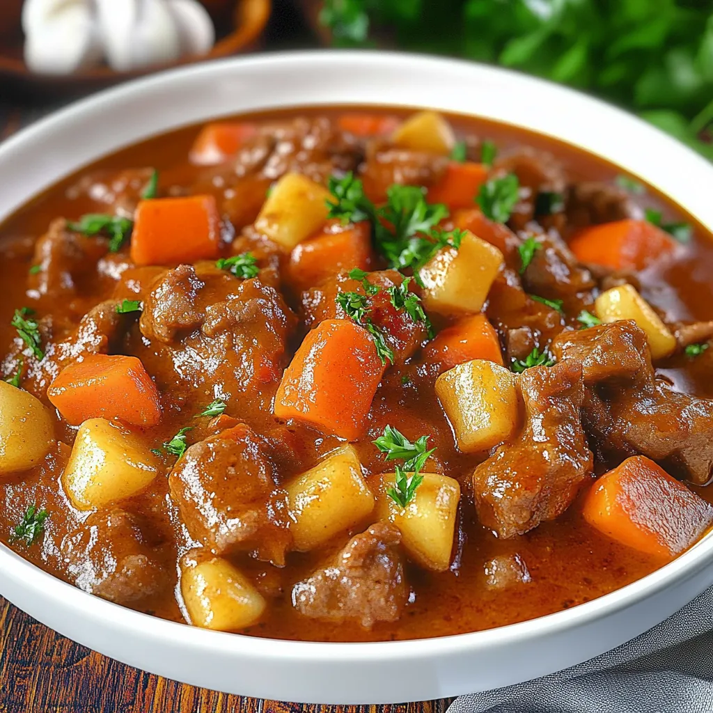 German goulash, a traditional recipe with beef, onions, and a savory sauce.