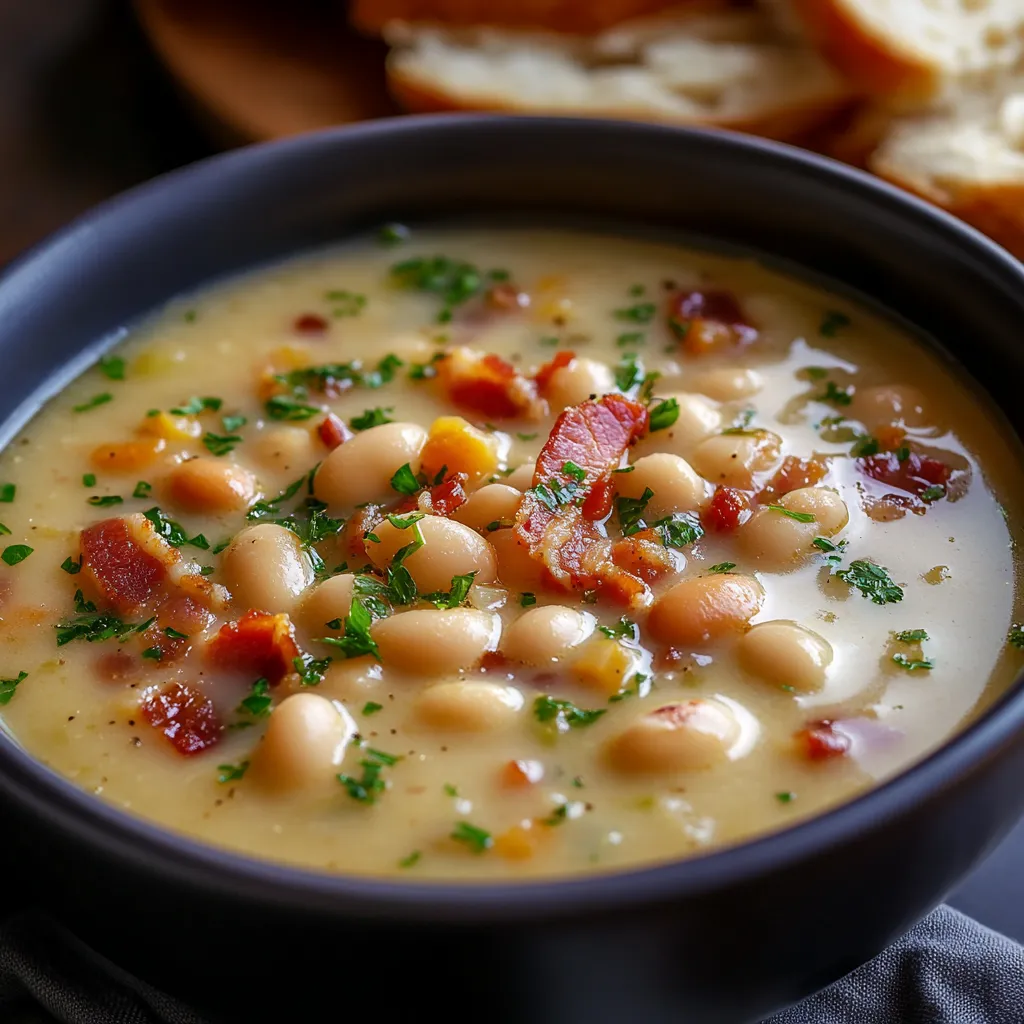 Smooth white bean soup with crisp bacon on top, warm and filling.