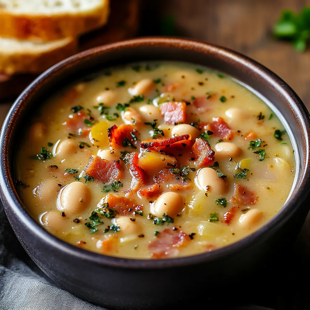 Cozy white bean soup with flavorful bacon bits, ready for a comfort meal.