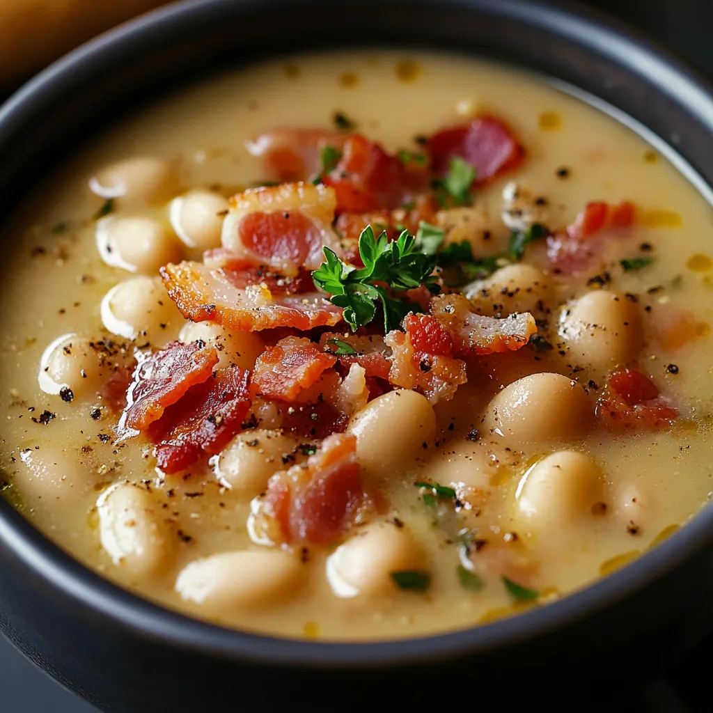 Hearty bean soup garnished with bacon pieces, perfect for comfort food cravings.
